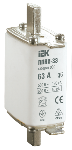 Плавкая вставка предохранителя ППНИ-33 габарит 00С 63А IEK